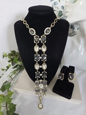 Gold Statement Glam Necklace and Earrings Set Grey Clear Crystal Drop